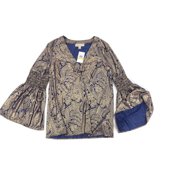 Michael Kors Blue & Gold Paisley Print Top NWT Med - Picture 5 of 8